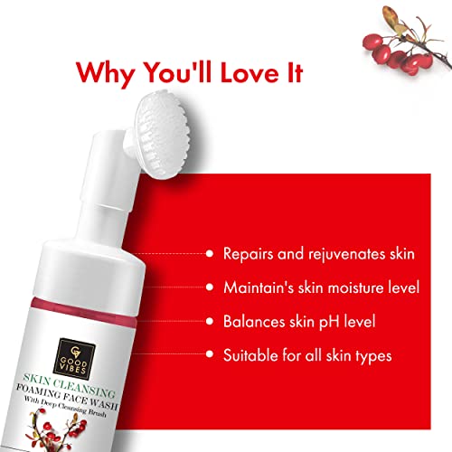 Good Vibes Rosehip Skin Clearing Foaming Face Wash With Deep Cleansing Brush, 150 ml | Rejuvenating Moisturizing Face Cleanser For All Skin Types | No Parabens, Sulphates & Mineral Oil