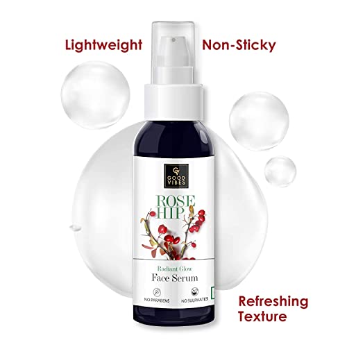Good Vibes Rose Hip Radiant Glow Face Serum, 50 ml Light Weight Non Greasy Moisturizing Anti Ageing Formula For All Skin Types, Corrects Dark Spots, Natural, No Parabens & Sulphates, No Animal Testing
