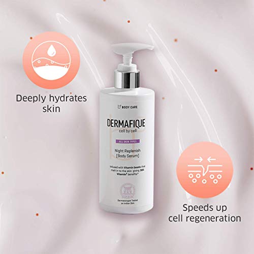 Dermafique Night Replenish Body Serum, Body Lotion for All Skin Types, Night Regeneration, 30x Vitamin E, Deeply hydrates and moisturizes, Repairs Skin Cell Damage, dermatologist tested (300 ml)
