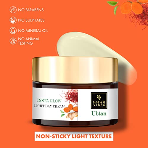 Good Vibes Ubtan Insta Glow Light Day Cream, 50 g | Brightening Nourishing Hydrating Face Moisturizer For All Skin Types | With Turmeric, Saffron, Vitamin B3 | No Parabens, Sulphates & Mineral Oil