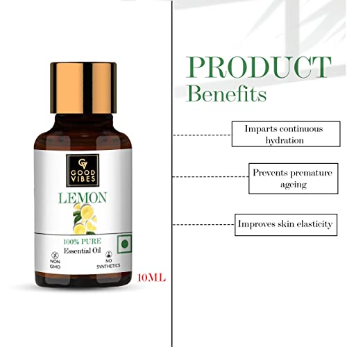 Good Vibes 100% Pure Lemon Essential Oil, 10 ml Naturally Brightens Skin, Helps Reduce Dandruff, Suitable For All Skin & Hair Types, No Alcohol, Parabens & Sulphates