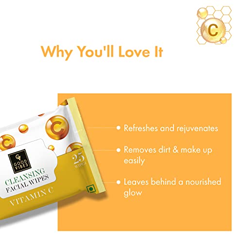 Good Vibes Vitamin C Cleansing Facial Wipes, 25 Wipes (Pack of 2) | Refreshing, Rejuvenating, Cleansing | Removes Dirt, Impurities, Excess Oil & Makeup | Vegan, No Parabens, Alcohol & Mineral Oil