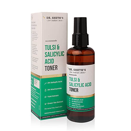 Dr. Sheth's Tulsi & 2% Salicylic Acid (BHA) Toner (Vegan) with 2% Niacinamide and Green Tea Extract, for Acne, Blackheads, Whiteheads, Clogged Pores (100ml)