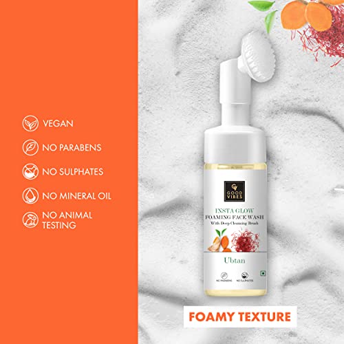 Good Vibes Ubtan Insta Glow Foaming Face Wash With Deep Cleansing Brush, 150 ml | Brightening Cleanser For All Skin Types | With Turmeric, Saffron, Vitamin B3 | No Parabens, Sulphates & Mineral Oil