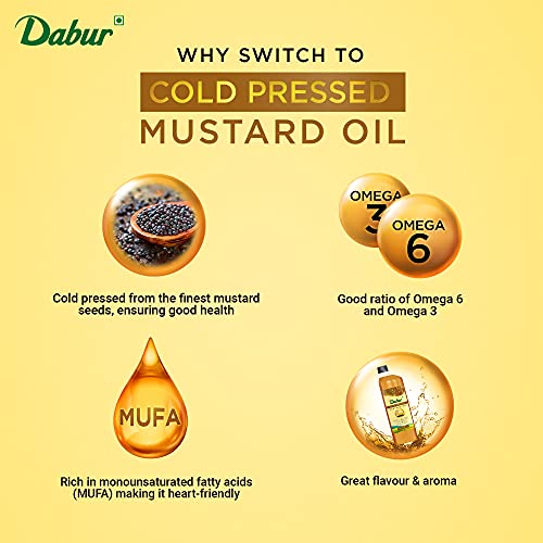 DABUR Cold Pressed Mustard Oil -1L : Healthy Cooking Oil with the Goodness of Omega 3 & 6