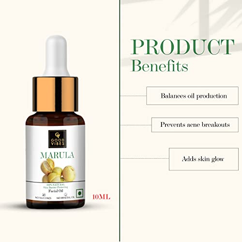 Good Vibes 100% Natural Marula Skin Barrier Protecting Facial Oil, 10 ml | Lightweight Nourishing Hydrating Formula For All Skin Types | Soft Glowing Skin Naturally | No Parabens & Sulphates