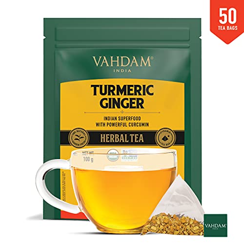 VAHDAM, Organic Turmeric Ginger Powerful Superfoods - 50 Herbal Tea Bags | Powerful Wellness & Healing Properties of Turmeric & Ginger | 100% Natural | Brew as Hot or Iced Tea