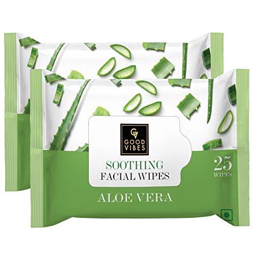 Good Vibes Aloe Vera Soothing Facial Wipes, 25 Wipes (Pack of 2) | Moisturizing, Nourishing, Cleansing | Removes Dirt, Impurities, Excess Oil & Makeup | Vegan, No Parabens, Alcohol & Mineral Oil
