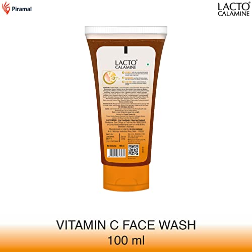 Lacto Calamine Vitamin C face wash with Aloe Vera & Niacinamide for bright and glowing skin| Exfoliates skin, reduces pigmentation, No parabens, no sulphates – (100 ml * pack of 2), Orange