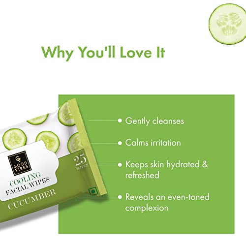 Good Vibes Cucumber Cooling Facial Wipes, 25 Wipes (Pack of 2) | Hydrating, Cleansing, Soothing | Removes Dirt, Impurities, Excess Oil & Makeup | Vegan, No Parabens, Alcohol & Mineral Oil