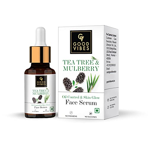 Good Vibes Tea Tree & Mulberry Oil Control & Skin Glow Face Serum, 10 ml Light Weight Moisturizing Face Serum For Oily Skin Helps Reduce Acne & Blemishes, Natural, No Parabens, No Animal Testing