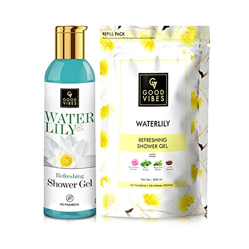 Good Vibes Refreshing Shower Gel Combo - Waterlily (200 ml bottle + 200 ml Pouch)