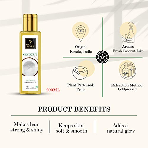 Good Vibes 100% Pure Coconut Cold Pressed Hair Oil, 200 ml, Carrier Oil For Hair Strengthening, Helps Reduce Breakage & Split Ends, Suited For All Hair Types, No Alcohol, Parabens & Sulphates