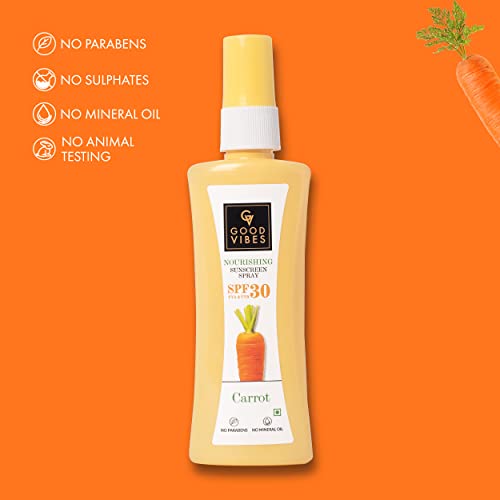 Good Vibes Carrot Nourishing Sunscreen Spray SPF 30 (100 ml) | Sun Protection For All Skin Types | Soothing, Hydrating, Moisturizing, De-tanning | Vegan, No Parabens, Mineral Oil & Silicones