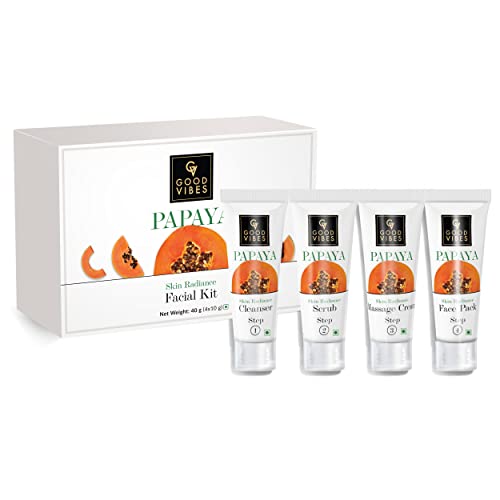 Good Vibes Papaya Skin Radiance Facial Kit - 4 Step Skin Care Includes Cleanser, Scrub, Cream and Pack - 10 g each - Cruelty Free