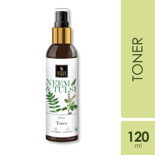 Good Vibes Neem & Tulsi Glow Toner 120 ml, Hydrating Light Weight Face Spray Toner for Acne Prone Skin, Suited for All Skin Types, Natural, No Alcohol, Parabens & Sulphates, No Animal Testing