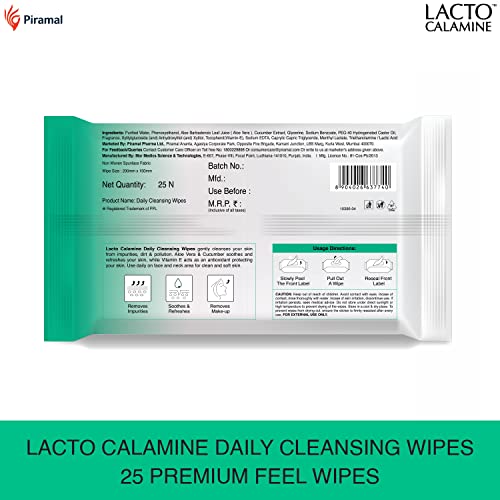 Lacto Calamine Daily Cleansing Face Wipes with Aloe Vera, Cucumber and Vitamin E, White, Pack of 2, 50 Count