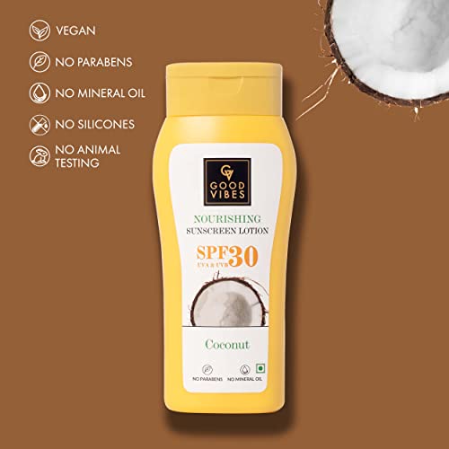 Good Vibes Coconut Nourishing Sunscreen Lotion SPF 30 (110 ml) | Sun Protection For All Skin Types | With Lime & Rosemary Leaf Oil | Soothing, De-Tanning | Vegan, No Parabens, Mineral Oil & Silicones