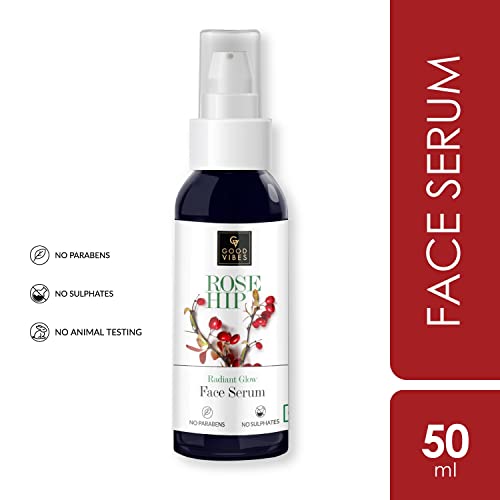 Good Vibes Rose Hip Radiant Glow Face Serum, 50 ml Light Weight Non Greasy Moisturizing Anti Ageing Formula For All Skin Types, Corrects Dark Spots, Natural, No Parabens & Sulphates, No Animal Testing