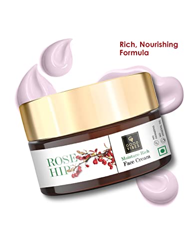 Good Vibes Rosehip Moisture-Rich Face Cream, 50 g Skin Moisturizing Hydrating Light Weight Formula, Soothes & Exfoliates Skin, Natural, No Parabens & Sulphates, No Animal Testing