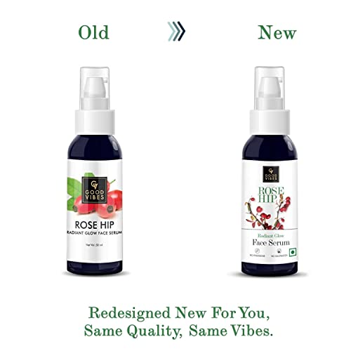 Good Vibes Rose Hip Radiant Glow Face Serum, 50 ml Light Weight Non Greasy Moisturizing Anti Ageing Formula For All Skin Types, Corrects Dark Spots, Natural, No Parabens & Sulphates, No Animal Testing