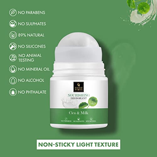 Good Vibes Cica & Milk Nourishing Deodorant Roll On, 50 ml | Bright & Sweat-Free Underarms Naturally With Avocado & Olive Oil | Controls Odour & Soothes Skin | No Parabens, Sulphates & Alcohol