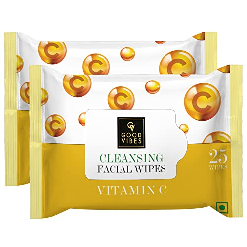Good Vibes Vitamin C Cleansing Facial Wipes, 25 Wipes (Pack of 2) | Refreshing, Rejuvenating, Cleansing | Removes Dirt, Impurities, Excess Oil & Makeup | Vegan, No Parabens, Alcohol & Mineral Oil