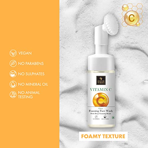 Good Vibes Vitamin C Glow Foaming Face Wash With Deep Cleansing Brush, 150 ml Non-Drying Brightening Face Cleanser For Clear Skin | No Parabens, No Sulphates, No Animal Testing