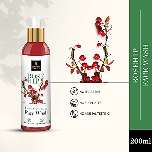 Good Vibes Face Wash - Rosehip Deep Cleansing, 200 ml Naturally Controls Excess Sebum & Acne, Moisturizing Skin Softening Formula for All Skin Types, No Parabens & Mineral Oil