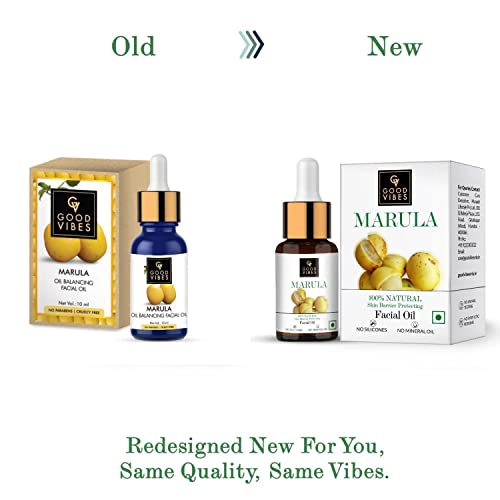 Good Vibes 100% Natural Marula Skin Barrier Protecting Facial Oil, 10 ml | Lightweight Nourishing Hydrating Formula For All Skin Types | Soft Glowing Skin Naturally | No Parabens & Sulphates