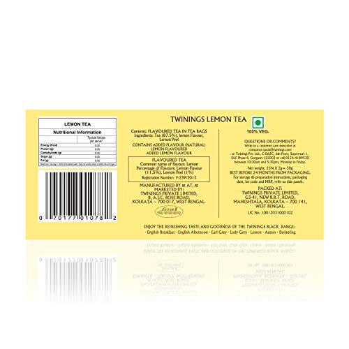 Twinings Lemon Tea, 25 Teabags, Premium Black Tea with Lemon, English Classic Taste, Light Strength, Bright and Zesty Flavor