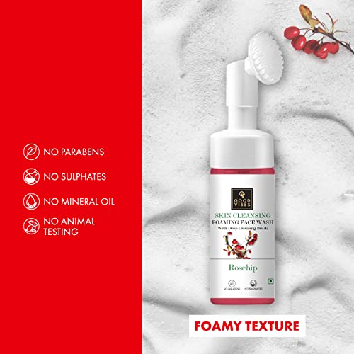 Good Vibes Rosehip Skin Clearing Foaming Face Wash With Deep Cleansing Brush, 150 ml | Rejuvenating Moisturizing Face Cleanser For All Skin Types | No Parabens, Sulphates & Mineral Oil