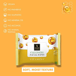Good Vibes Vitamin C Cleansing Facial Wipes, 25 Wipes (Pack of 2) | Refreshing, Rejuvenating, Cleansing | Removes Dirt, Impurities, Excess Oil & Makeup | Vegan, No Parabens, Alcohol & Mineral Oil