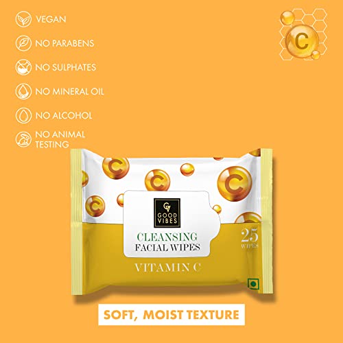 Good Vibes Vitamin C Cleansing Facial Wipes, 25 Wipes (Pack of 2) | Refreshing, Rejuvenating, Cleansing | Removes Dirt, Impurities, Excess Oil & Makeup | Vegan, No Parabens, Alcohol & Mineral Oil