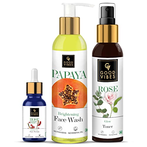 Good Vibes Skincare Combo For Glowing Skin | Papaya Brightening Face Wash 120 ml, Rose Glow Toner 120 ml, Rose Hip Radiant Glow Face Serum 10 ml | Suitable For All Skin Types | No Parabens & Sulphates