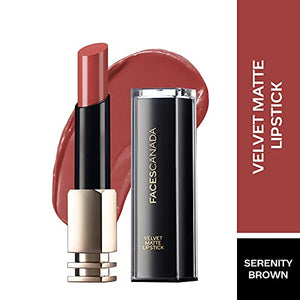 Faces Canada Velvet Matte Lipstick, Smooth one stroke intense color, Soft Matte finish, Enriched with Vitamin E, Hydrated lips all day, Brown Lip Color, Serenity Brown, 3.5 gm