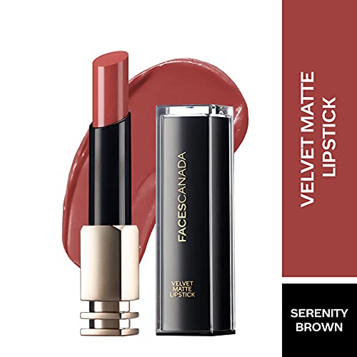 Faces Canada Velvet Matte Lipstick, Smooth one stroke intense color, Soft Matte finish, Enriched with Vitamin E, Hydrated lips all day, Brown Lip Color, Serenity Brown, 3.5 gm
