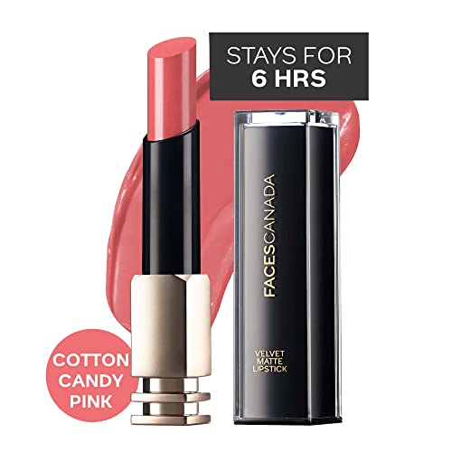 Faces Canada Velvet Matte Lipstick, Smooth one stroke intense color, Soft Matte finish, Enriched with Vitamin E, Hydrated lips all day, Pink Lip Color, Coton Candy Pink, 3.5 gm