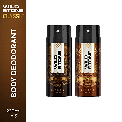 Wild Stone Classic Leather and Musk Body Deodorants for Men, Pack of 2 (225ml each)