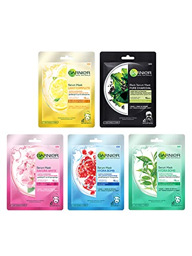 Garnier Skin Naturals Face Serum Sheet Mask Combo (Light Complete + Hydra Bomb Blue + Sakura White + Hydra Bomb Green + Charcoal) (Pack Of 5),208 g