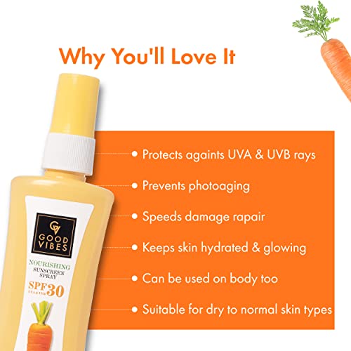 Good Vibes Carrot Nourishing Sunscreen Spray SPF 30 (100 ml) | Sun Protection For All Skin Types | Soothing, Hydrating, Moisturizing, De-tanning | Vegan, No Parabens, Mineral Oil & Silicones