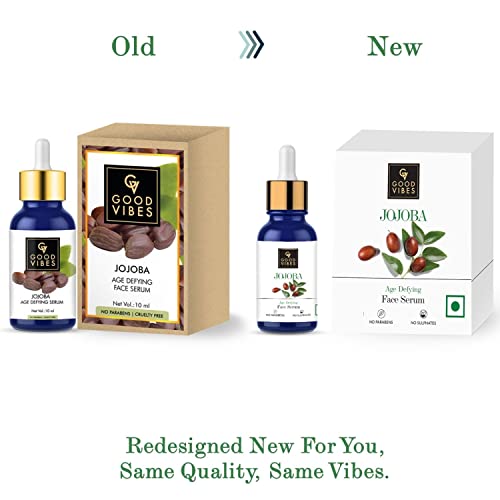 Good Vibes Jojoba Age Defying Serum, 10 ml Nourished Youthful Skin Naturally Light Weight Moisturizing Formula For All Skin Types, Wrinkles & Fine Lines Reduction Properties, No Parabens & Sulphates