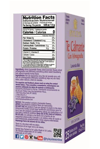 HYLEYS Tea Calm Tea with Aswagandha - Lavender & Honey Flavor - 25 Tea Bags - Caffeine Free Tea