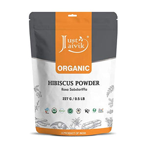 Just Jaivik Organic Hibiscus Flower Powder (Hibiscus Sabdariffa) 227 g Usda Certified Organic| Biodegradable Resealable Zip Lock Pouch