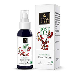 Good Vibes Rose Hip Radiant Glow Face Serum, 50 ml Light Weight Non Greasy Moisturizing Anti Ageing Formula For All Skin Types, Corrects Dark Spots, Natural, No Parabens & Sulphates, No Animal Testing