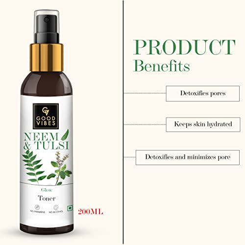 Good Vibes Neem & Tulsi Glow Toner 200 ml, Hydrating Light Weight Face Spray Toner for Acne Prone Skin, Suited for All Skin Types, Natural, No Alcohol, Parabens & Sulphates, No Animal Testing