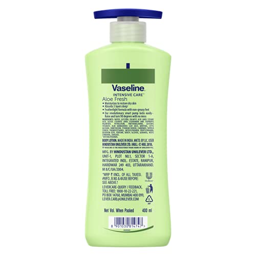 Vaseline Intensive Care Aloe Fresh Hydrating Body Lotion 400 ml, Daily Moisturizer for Dry Skin, Gives Non-Greasy, Glowing Skin - For Men & Women