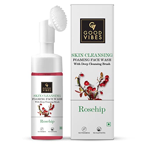 Good Vibes Rosehip Skin Clearing Foaming Face Wash With Deep Cleansing Brush, 150 ml | Rejuvenating Moisturizing Face Cleanser For All Skin Types | No Parabens, Sulphates & Mineral Oil