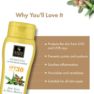 Good Vibes Aloe Vera & Shea Butter Hydrating Sunscreen Lotion SPF 30 (110 ml) | Sun Protection For All Skin Types | Soothing, Moisturizing, De-Tanning | Vegan, No Parabens, Mineral Oil & Silicones