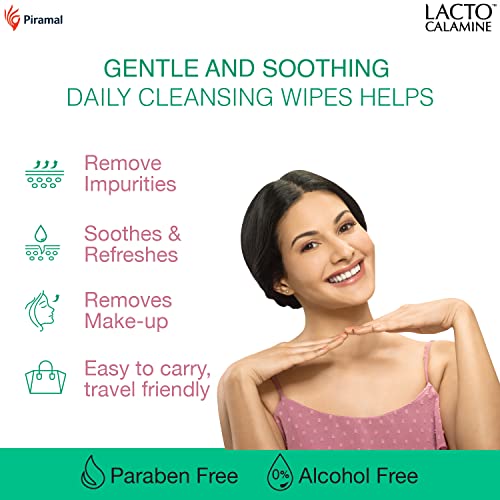 Lacto Calamine Daily Cleansing Face Wipes with Aloe Vera, Cucumber and Vitamin E, White, Pack of 2, 50 Count